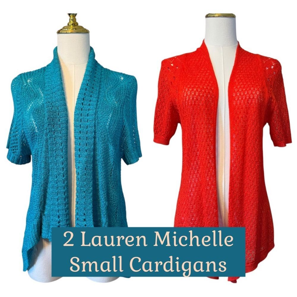 Lauren Michelle Bundle of 2 Short Sleeve Open-Front Cardigans Blue Orange Small